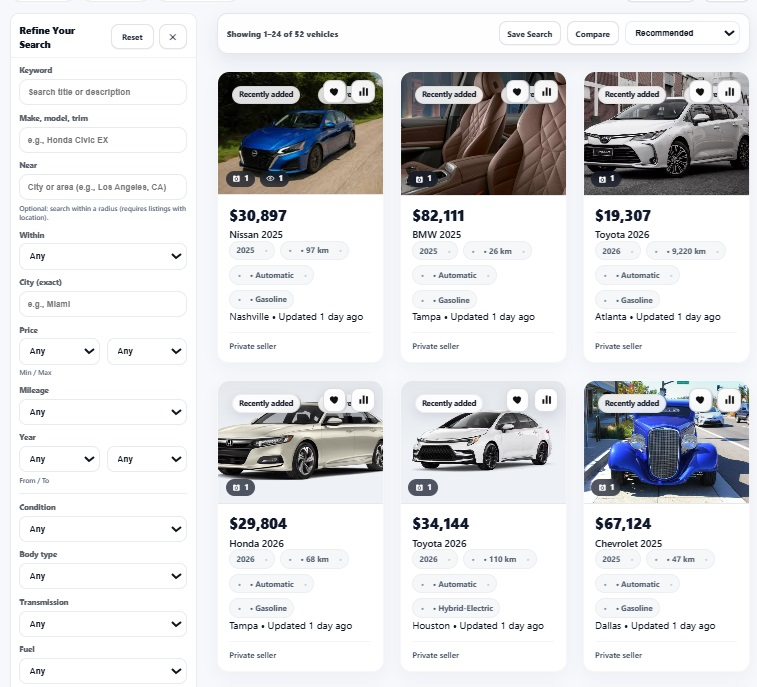 Car marketplace inventory interface